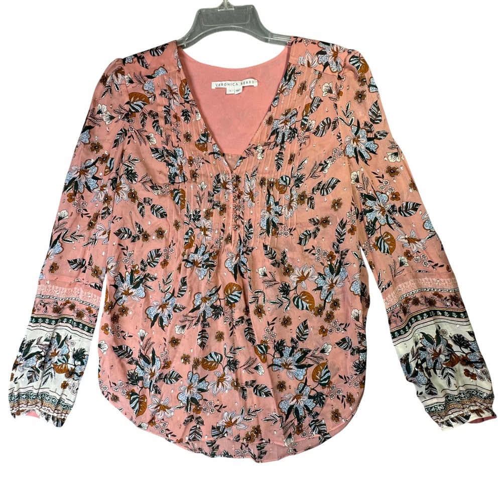 Veronica Beard Floral Silk Blend V-Neck Blouse Boho Romantic Size 4 Pink